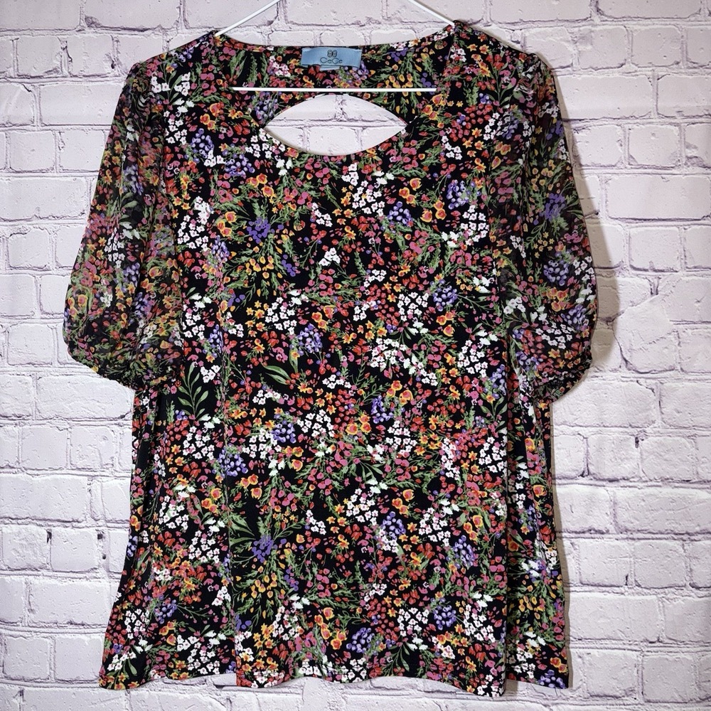 CeCe Multicolor Floral Blouse With Peekaboo Keyhole Back Puffed Sleeve Large